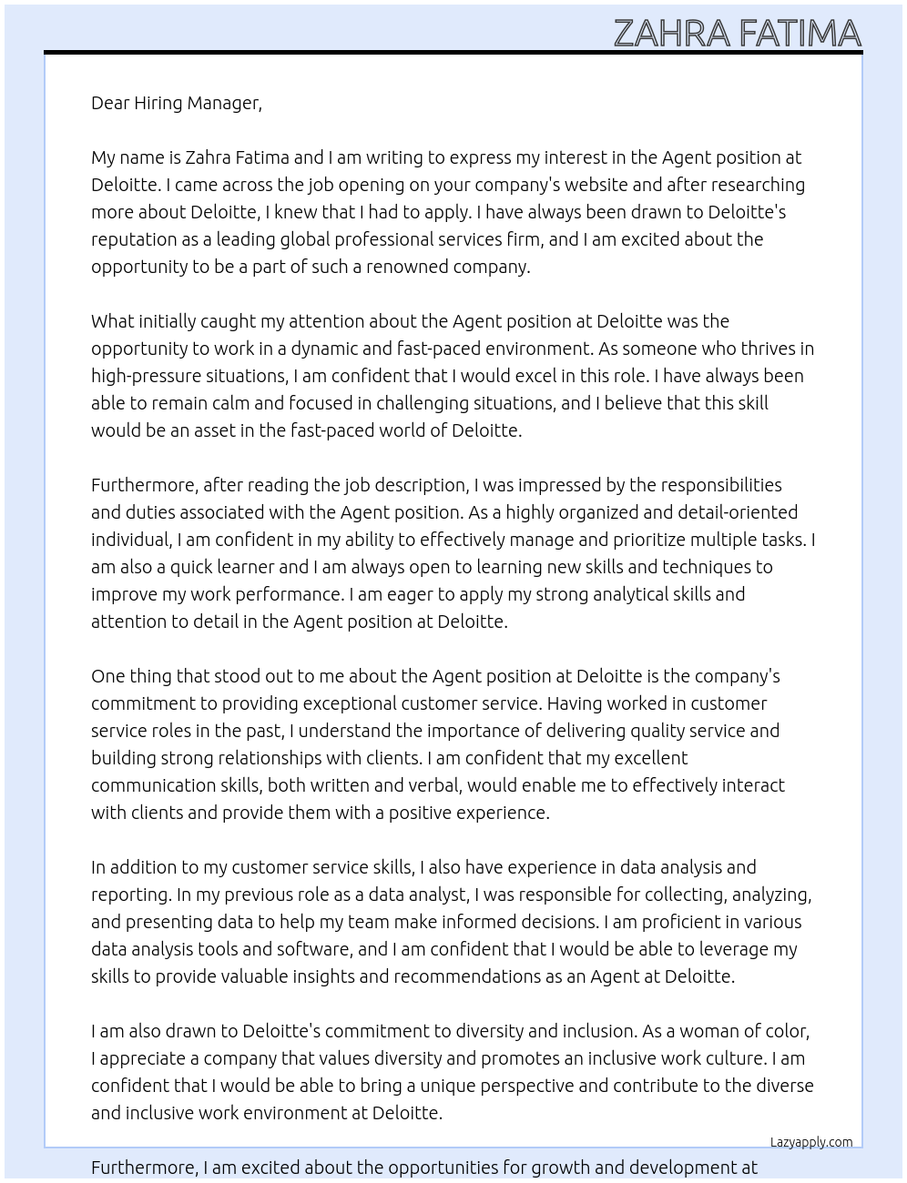 agent At Deloitt Cover Letter