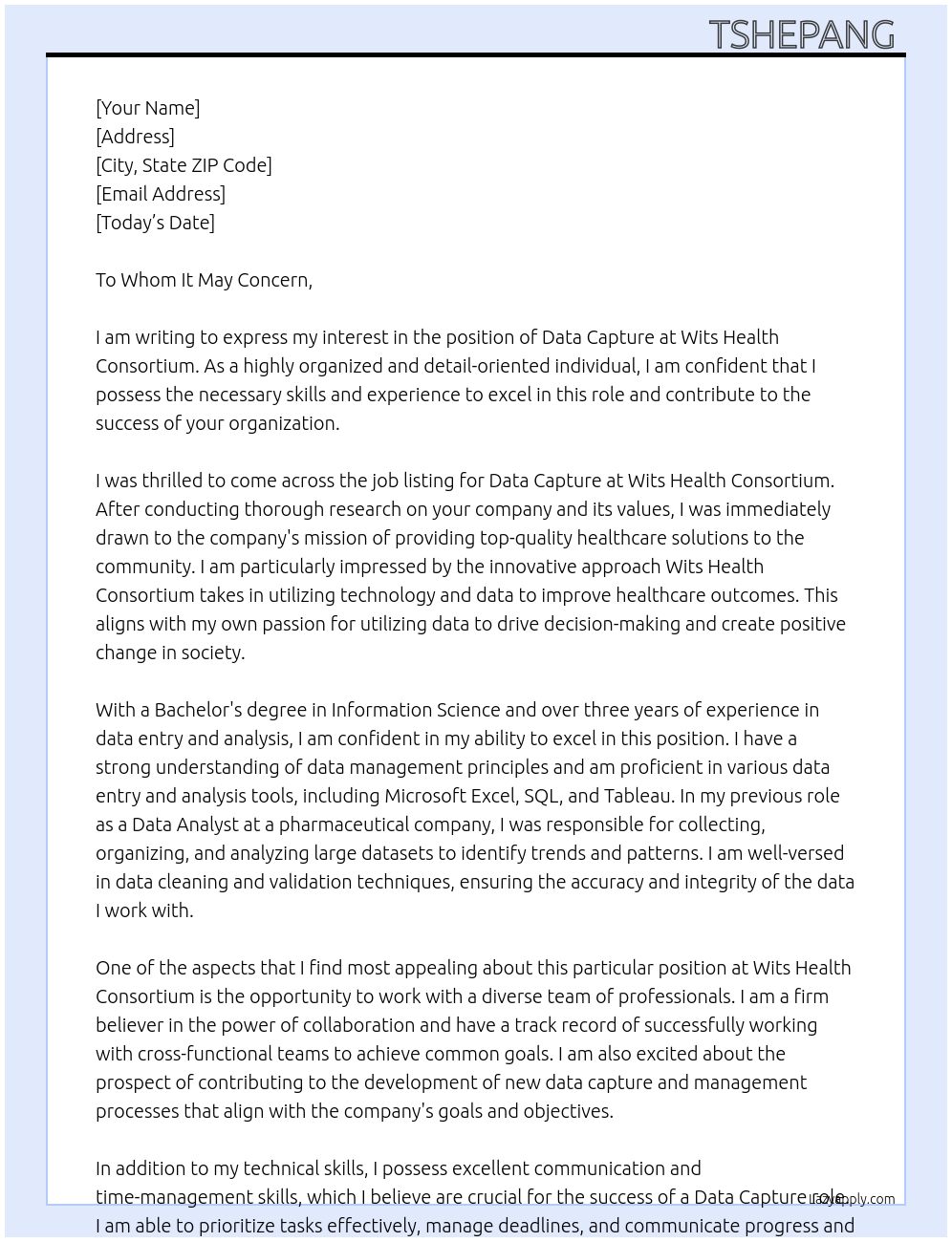 Data capture At Wits Health Consortium Cover Letter