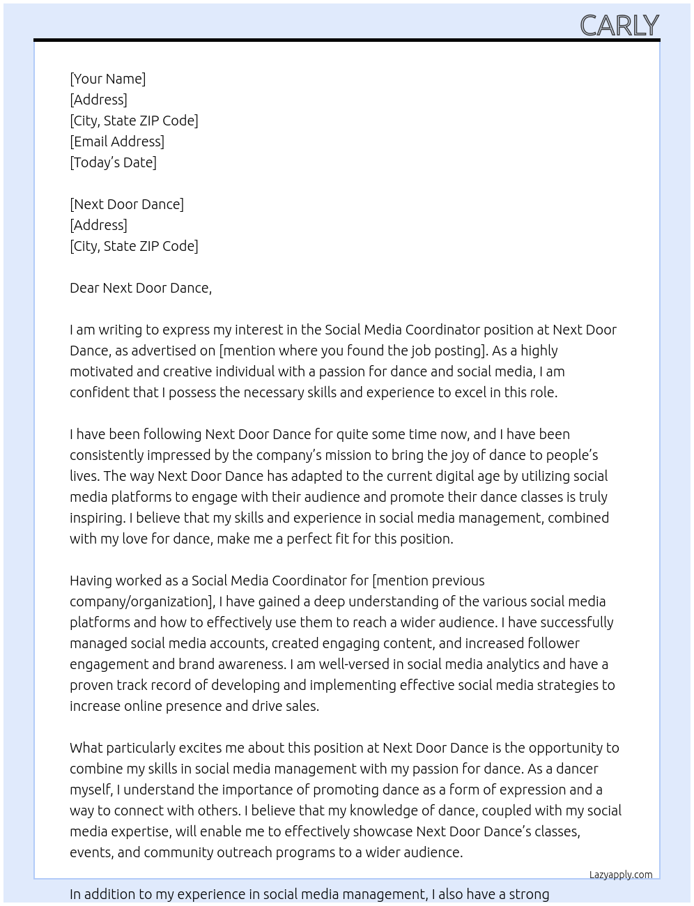 Social Media Coordinator At Next Door Dance Cover Letter