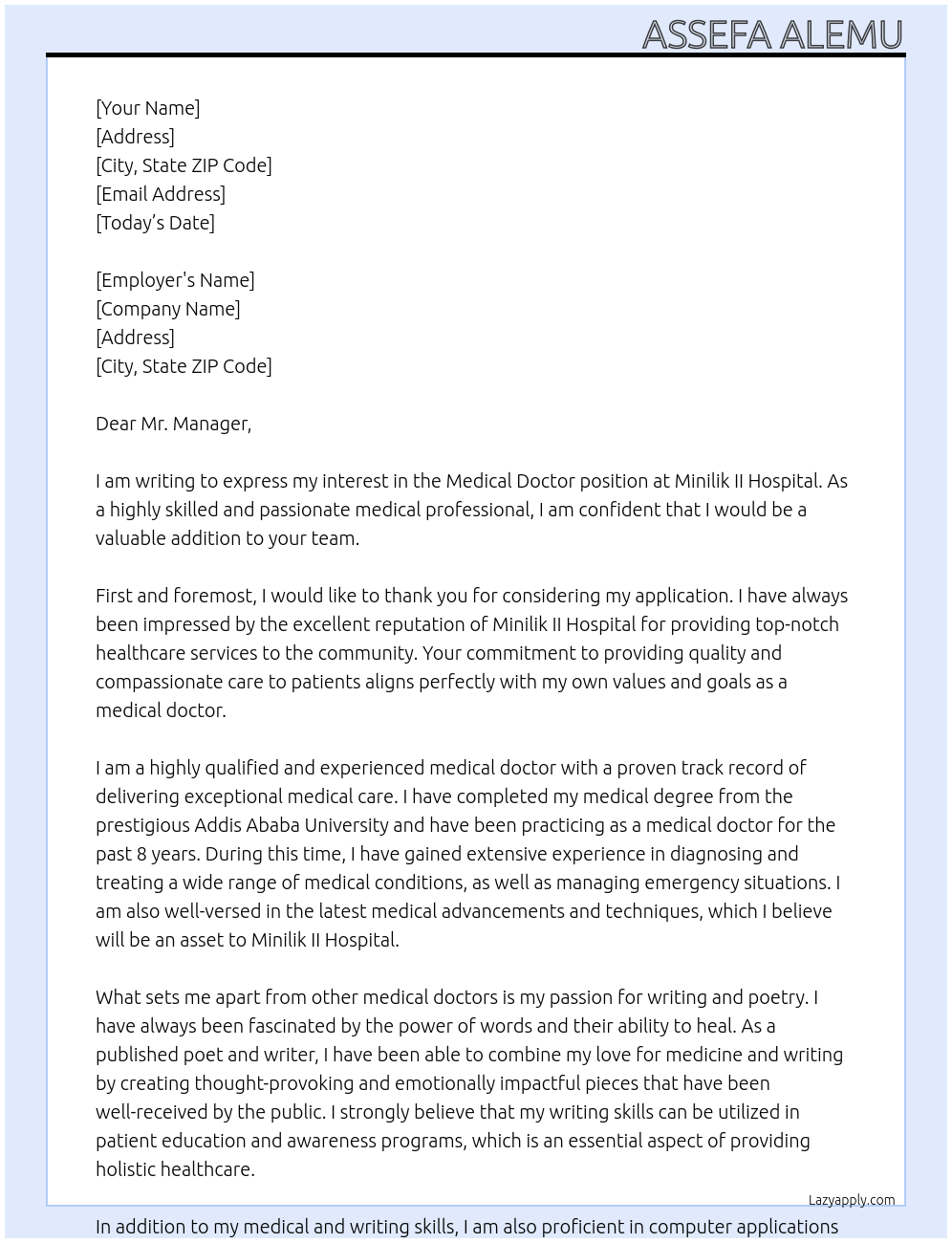 Medical doctor At Minilik ll hospital Cover Letter