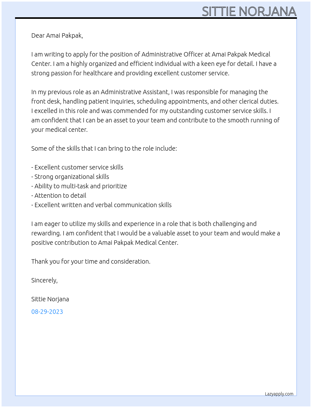 Administrative Officer At Amai Pakpak Medical Center Cover Letter