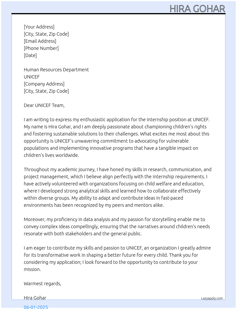 internship At unicef Cover Letter