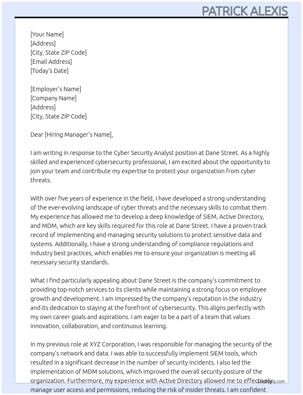 Cyber Security Analyst At Dane Street Cover Letter