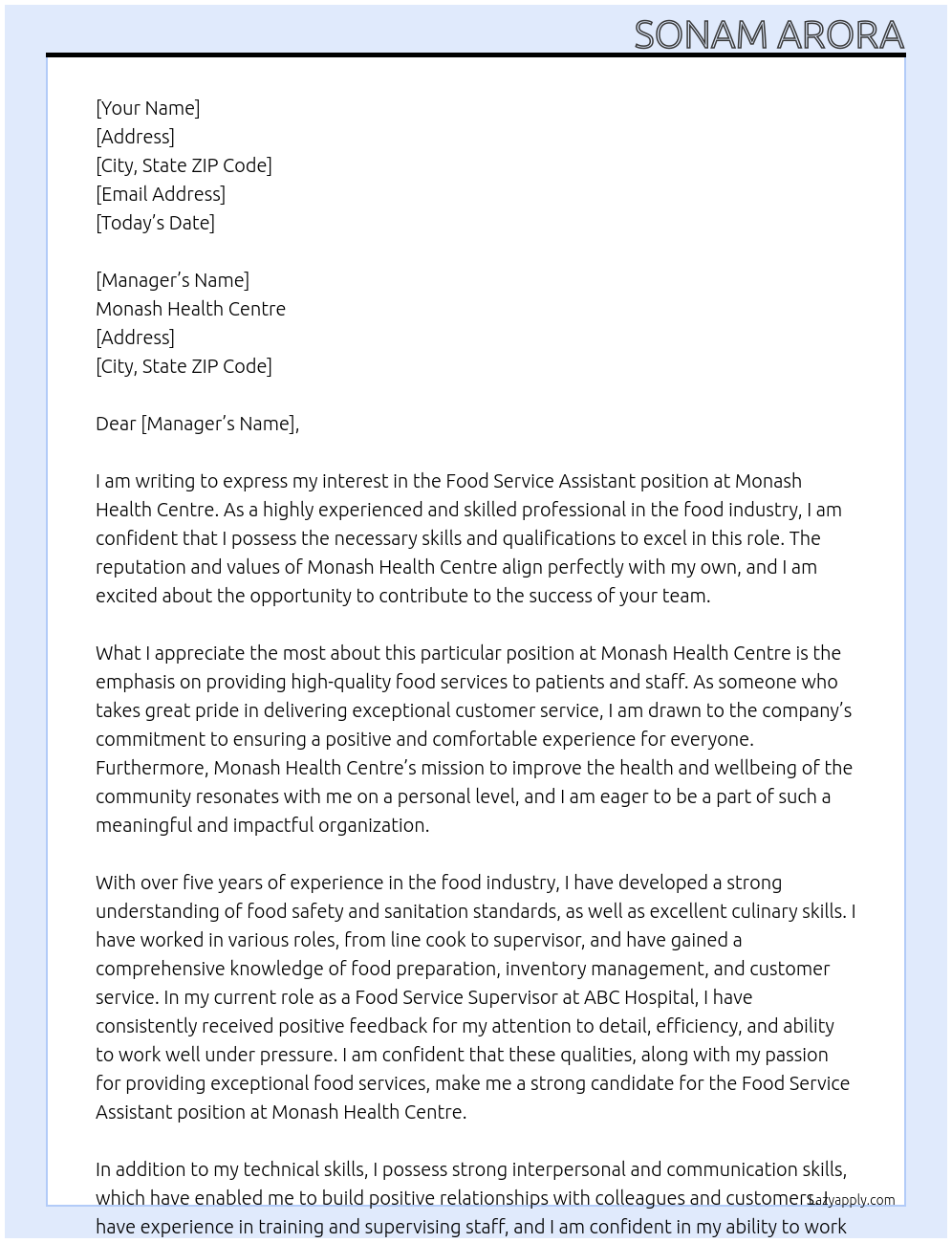 Food Service Assistant At Monash Health Centre Cover Letter
