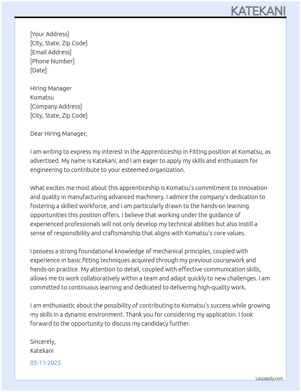 Apprenticeship in Fitting  At Komatsu  Cover Letter