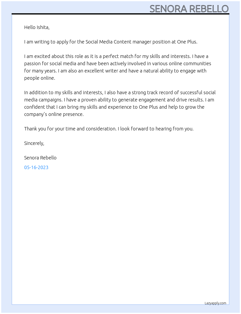 Social Media Content manager At One Plus Cover Letter