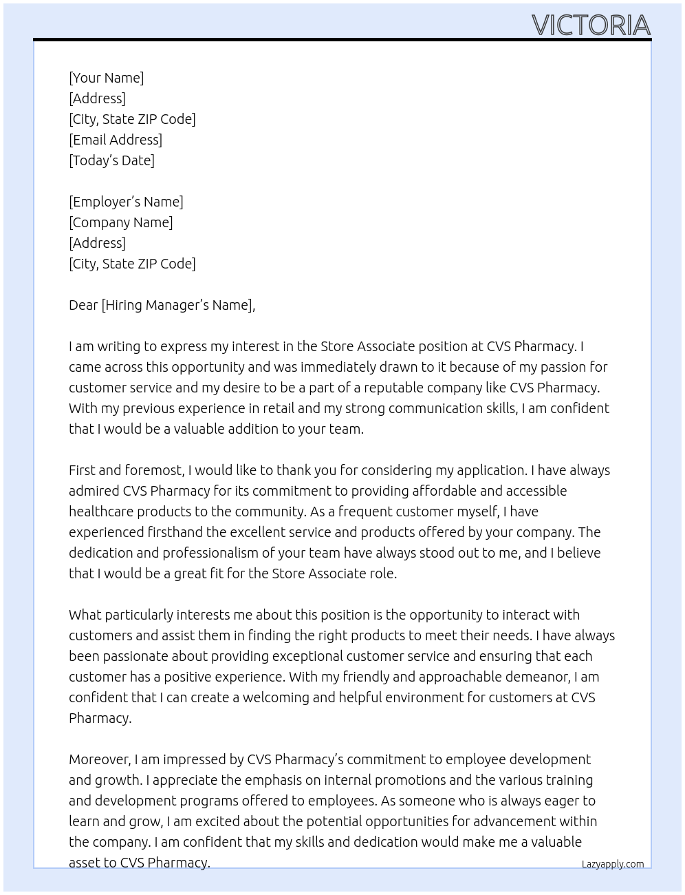 Store Associate At CVS Pharmacy Cover Letter