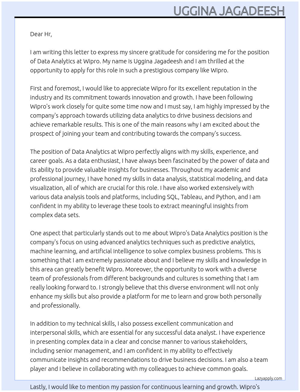 Data analytics At Wipro Cover Letter