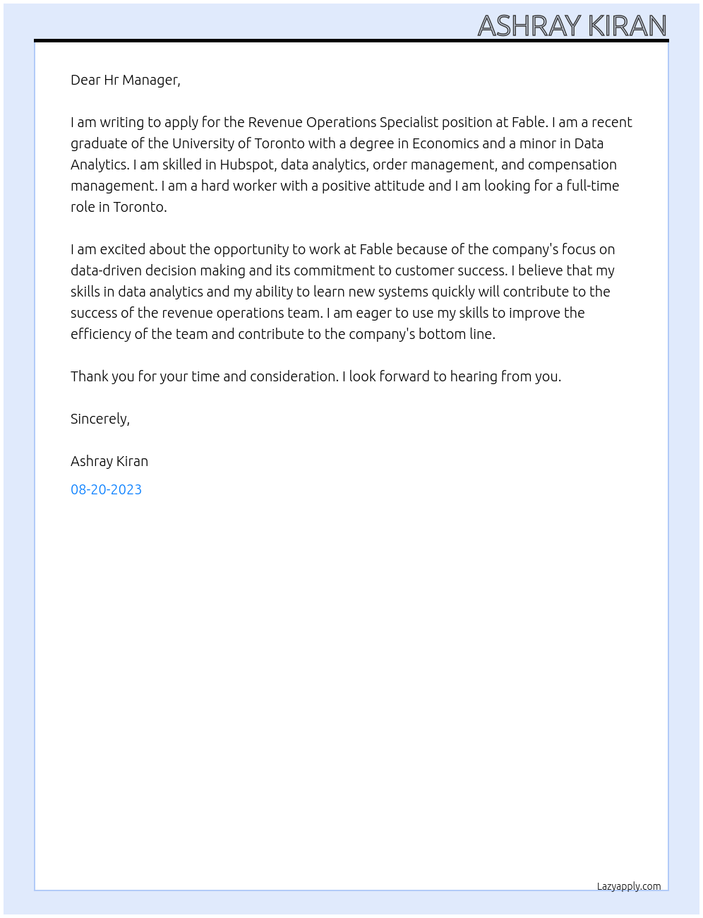 Revenue Operations Specialist  At Fable Cover Letter