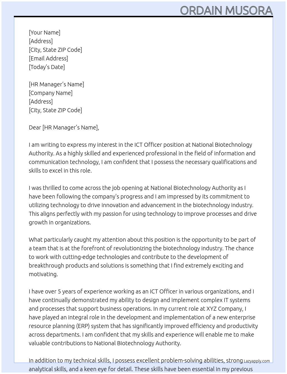 ICT Officer At National Biotechnology Authority Cover Letter