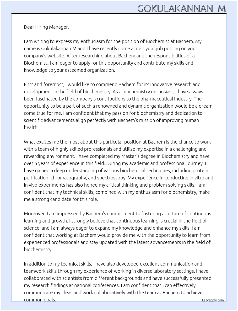 Biochemist At Bachem Cover Letter