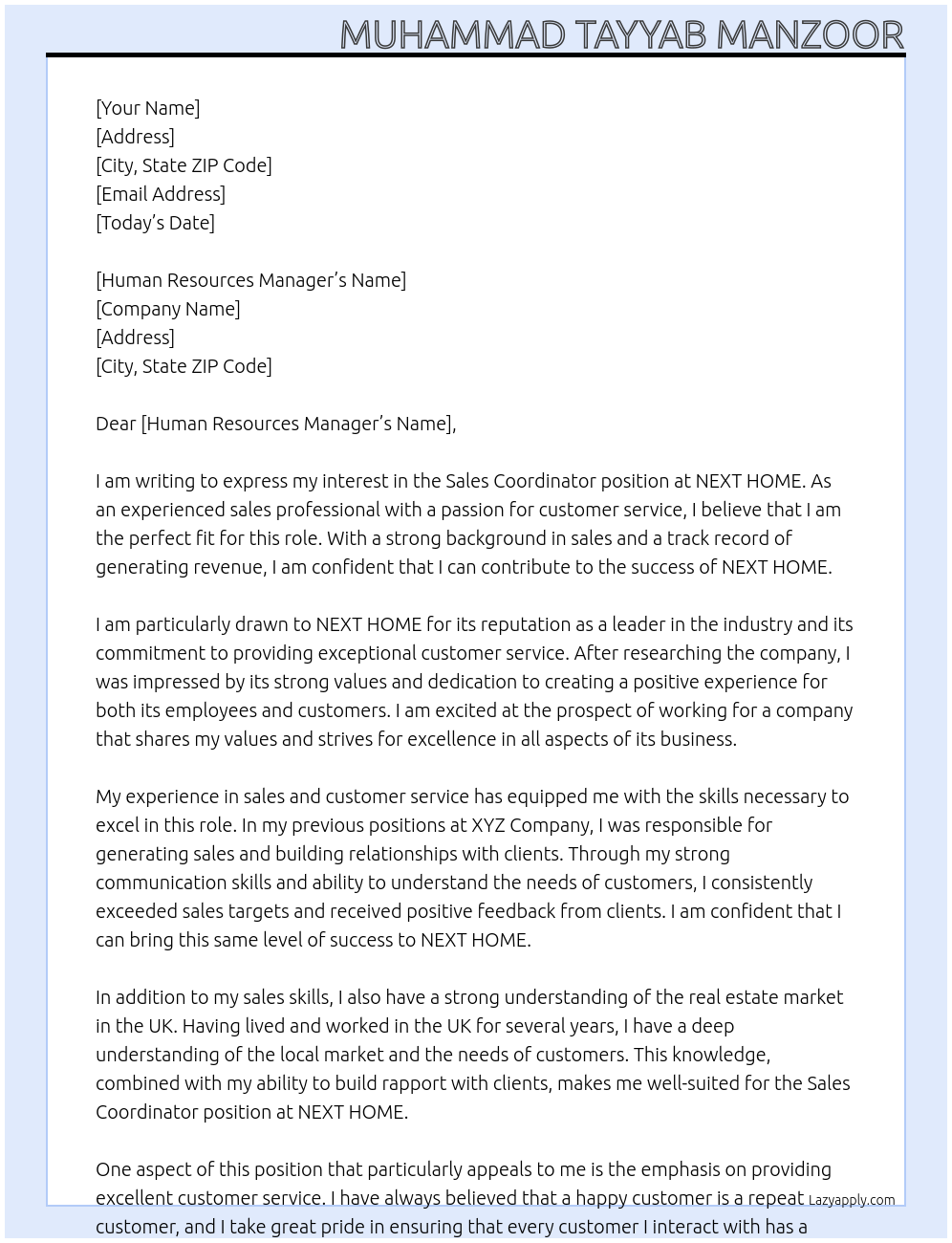 Sales coordinator  At NEXT HOME Cover Letter