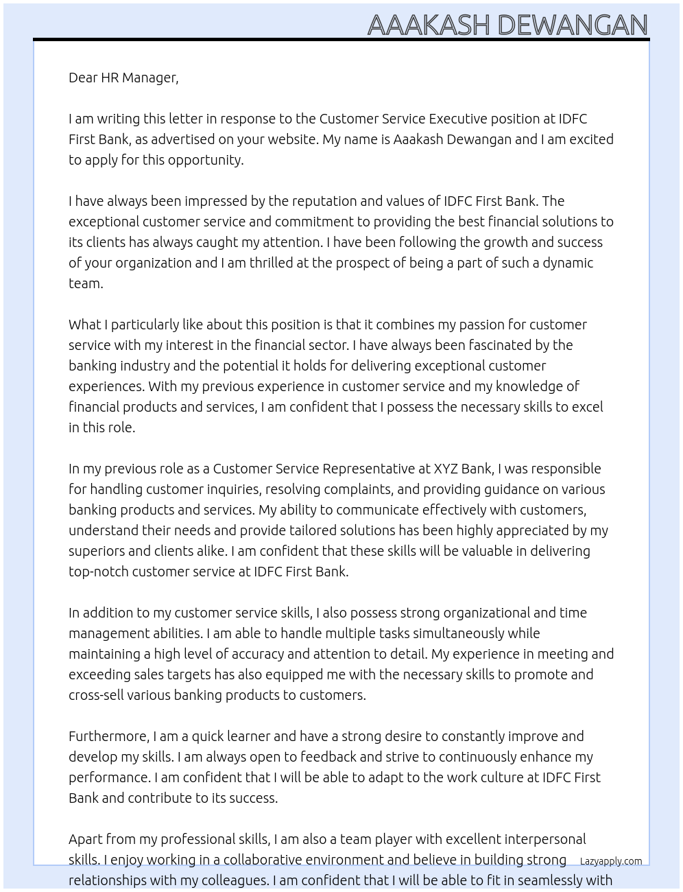 Customer Service Executive At IDFC First Bank Cover Letter
