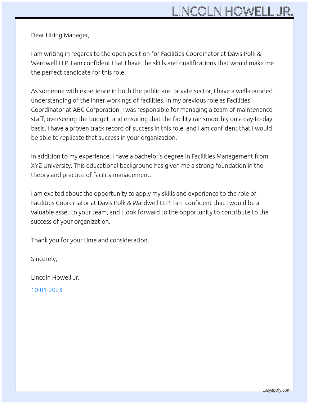 Facilities Coordinator At Davis Polk & Wardwell LLP Cover Letter