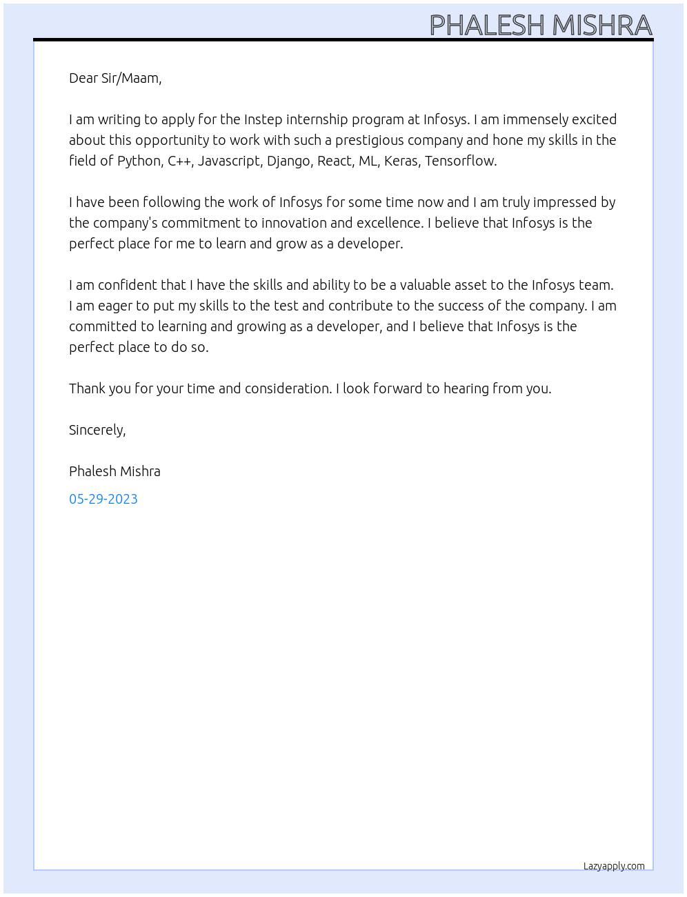 Instep internship program At Infosys Cover Letter