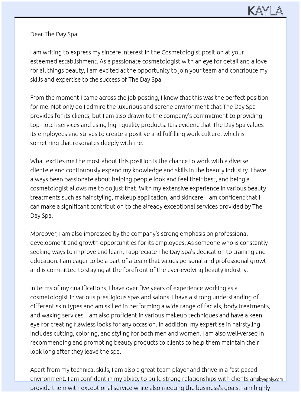 Cosmetologist At The Day Spa Cover Letter