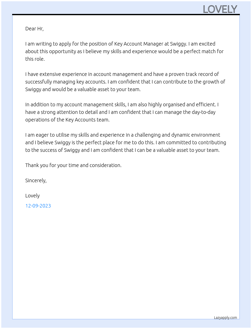 Key Account Manager  At Swiggy Cover Letter