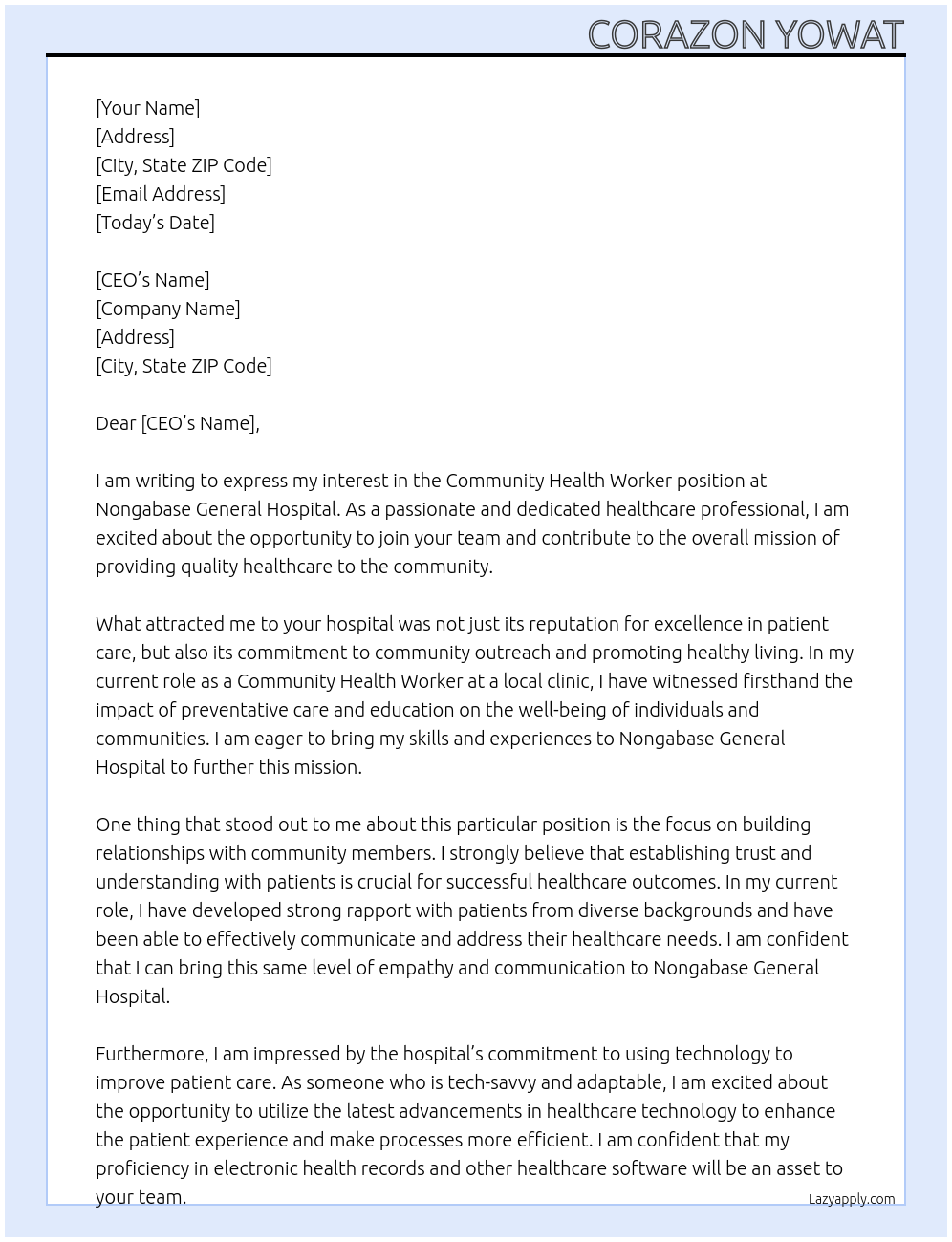 Cover letter for community health worker - LazyApply