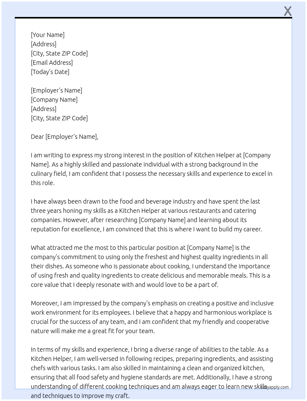 kitchen helper At x Cover Letter