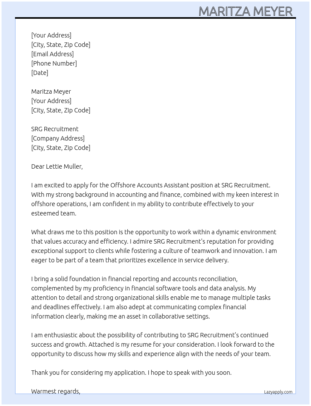 Cover letter for offshore accounts assistant - LazyApply