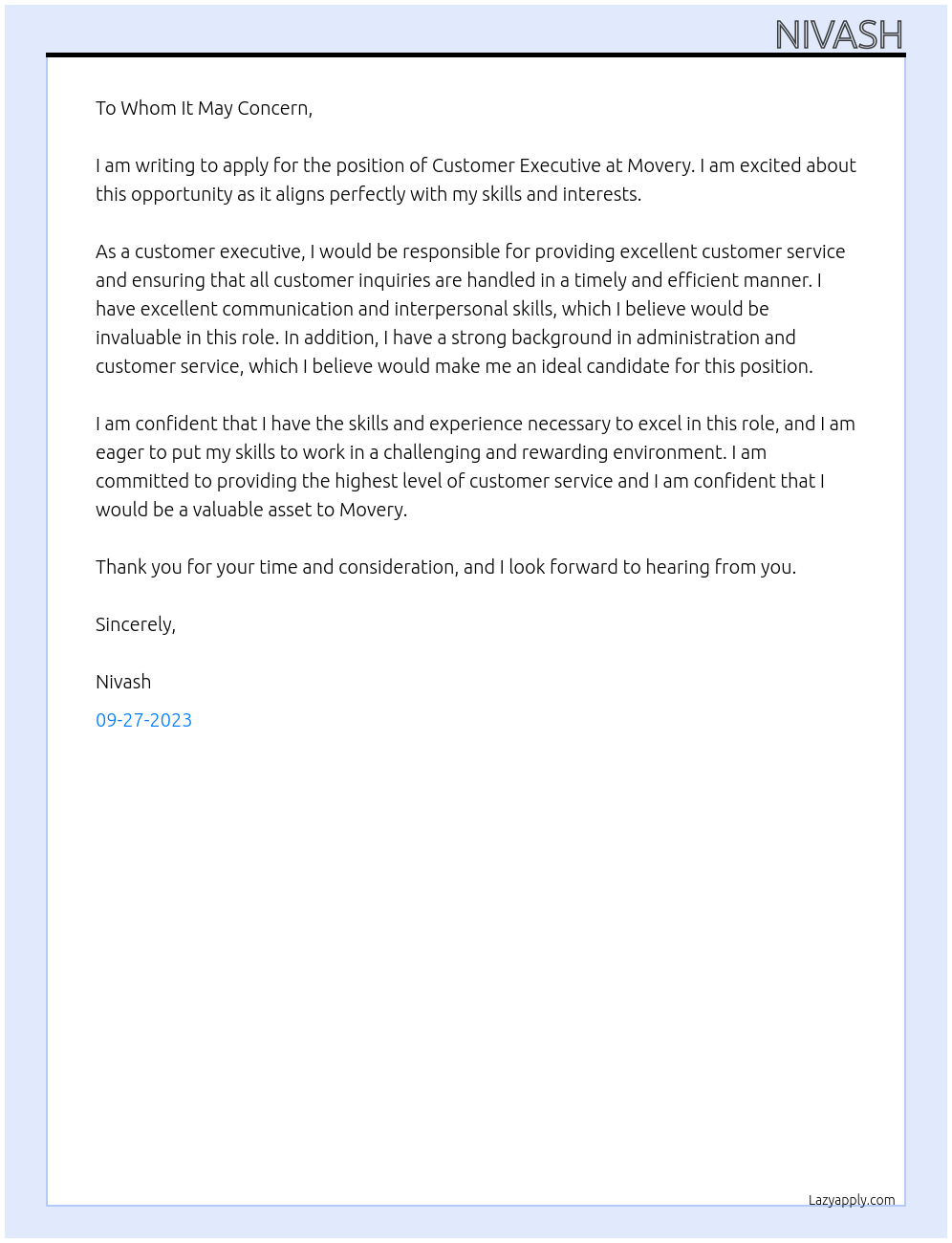 Customer executive At Movery Cover Letter