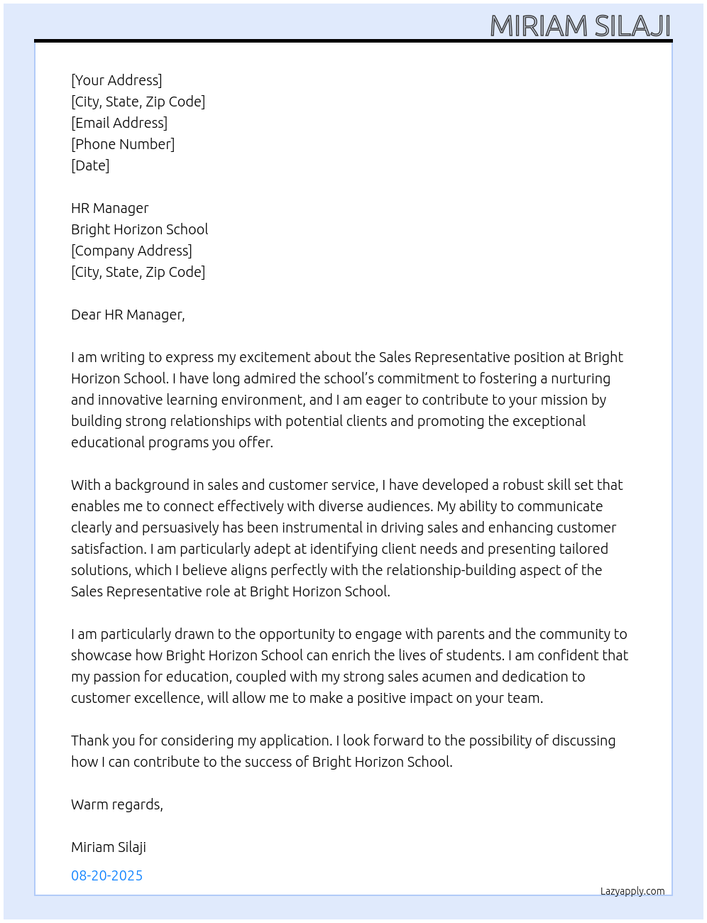sales representative At bright horizon school Cover Letter