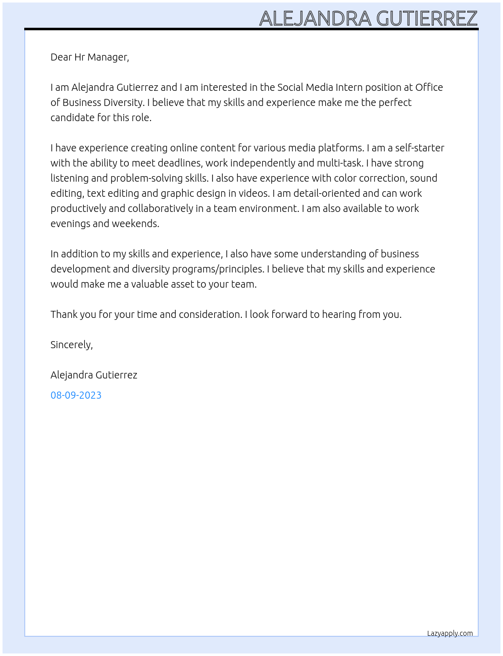 Social Media Intern At Office of Business Diversity Cover Letter