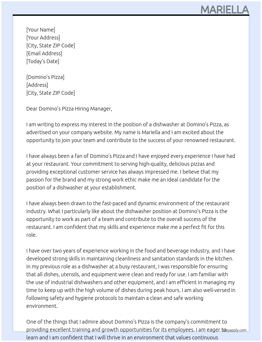 dishwasher At Domino´s pizza Cover Letter