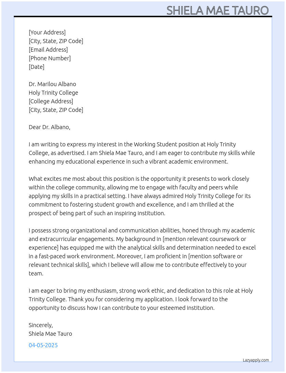 Working student At Holy Trinity college  Cover Letter