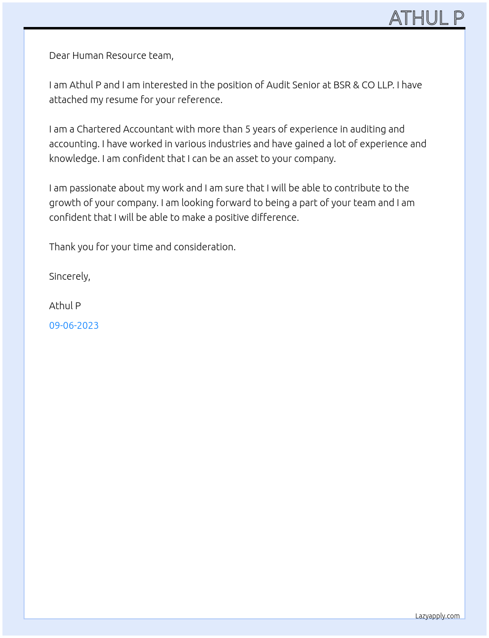 Audit Senior At BSR & CO LLP Cover Letter