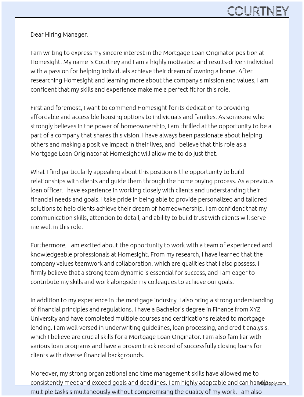Mortgage Loan Originator  At Homesight Cover Letter