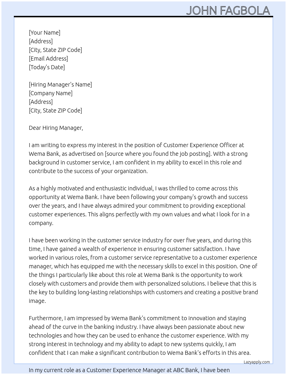 Customer experience officer At Wema bank Cover Letter