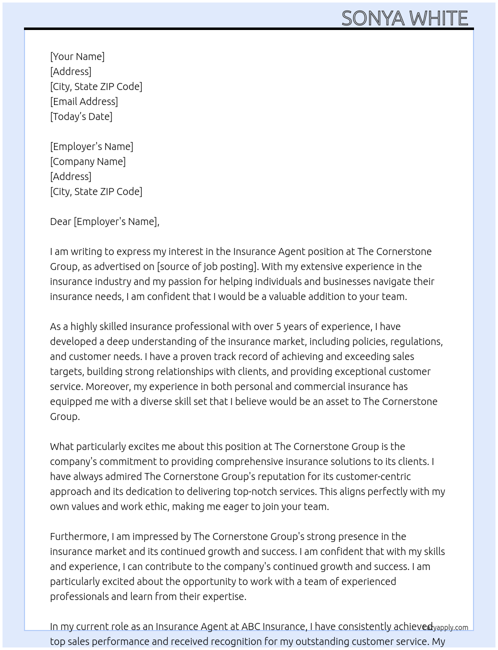 Insurance agent At The cornerstone group Cover Letter