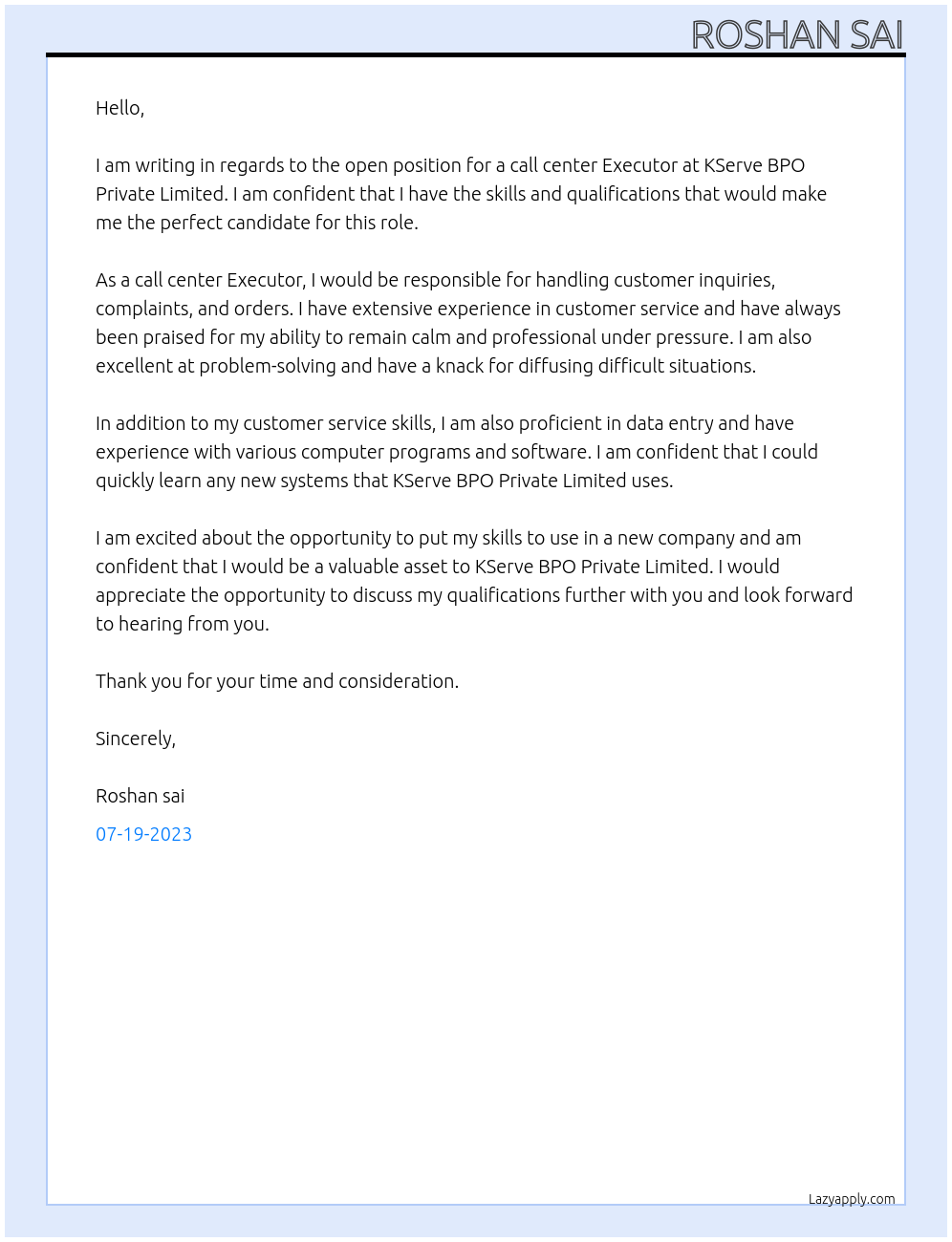 Call center At KServe BPO Private Limited Cover Letter