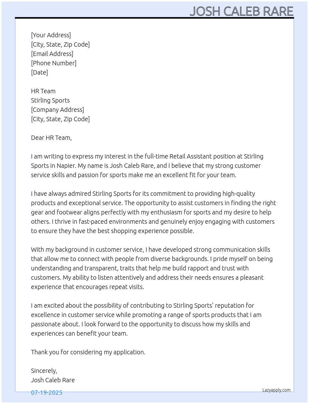 Retail Assistant At Stirling Sports Cover Letter