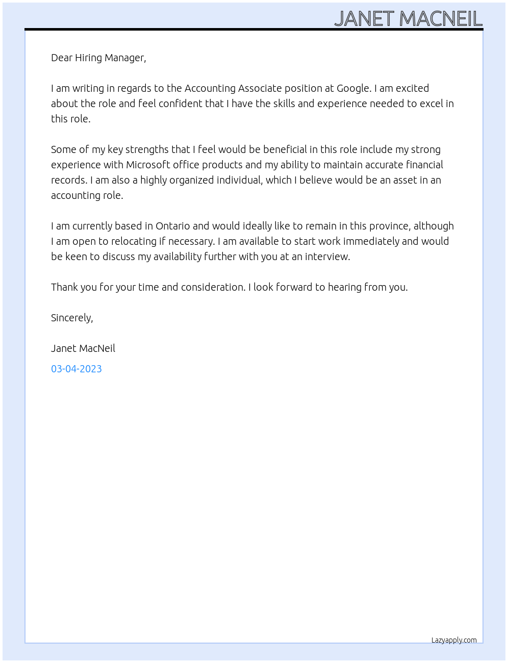 Accounting Associate At Google Cover Letter