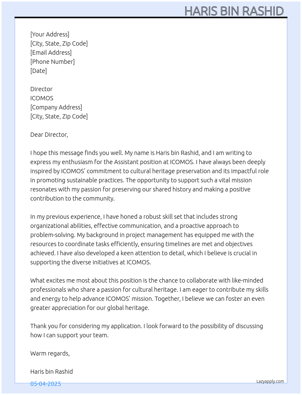 Assistant  At ICOMOS Cover Letter