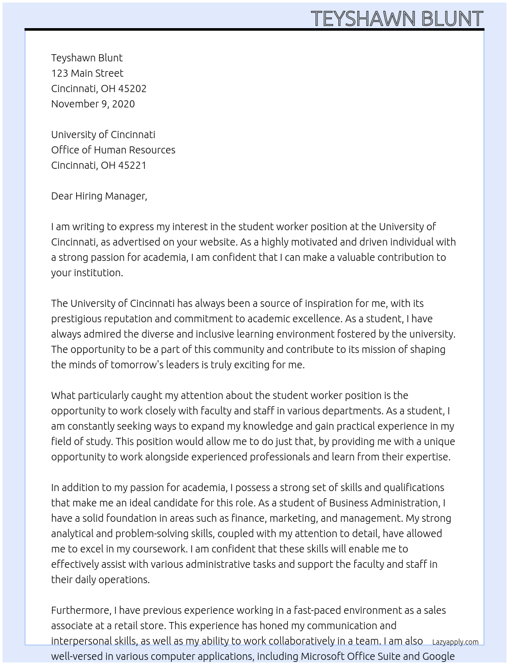 student worker At university of cincinnati Cover Letter