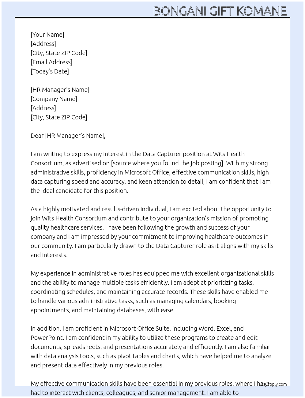 Data Capturer At Wits Health Consortium Cover Letter
