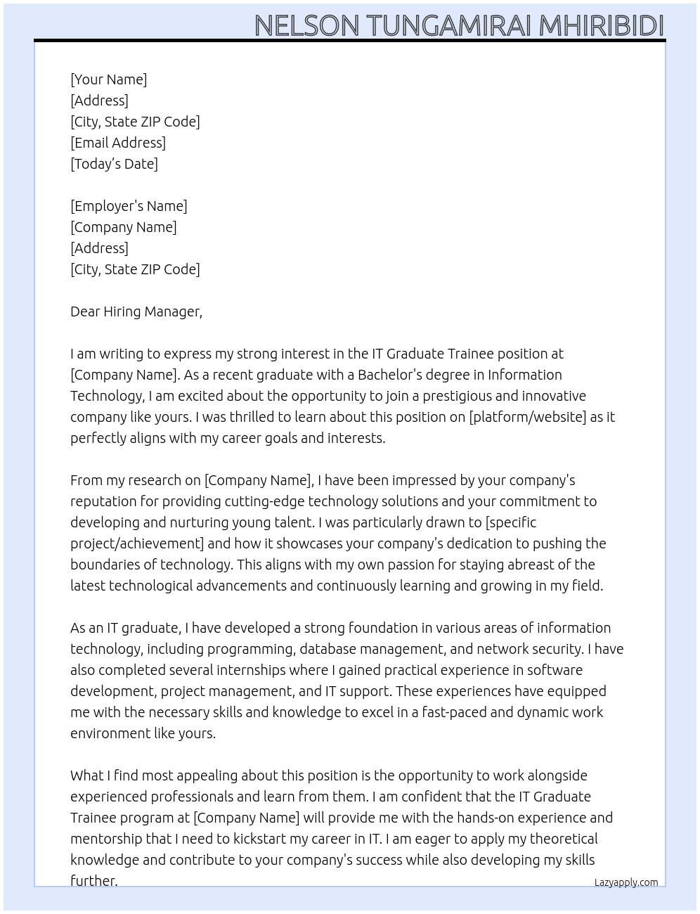 IT graduate trainee At - Cover Letter