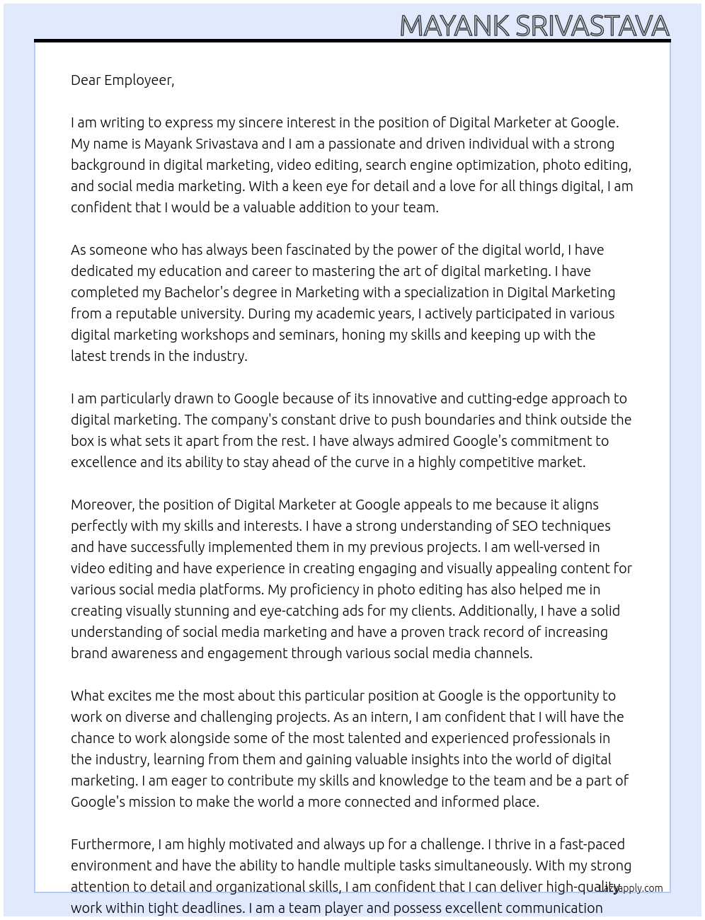 digital marketer At Google Cover Letter