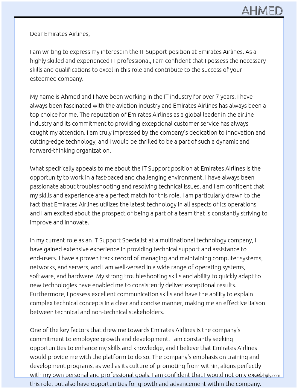 It support At Emirates Airlines Cover Letter