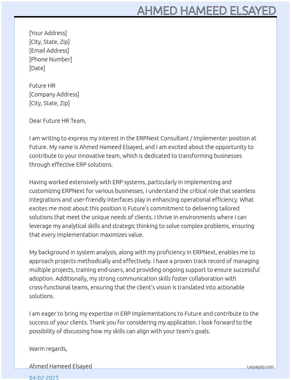 Cover letter for erpnext consultant / implementer - LazyApply