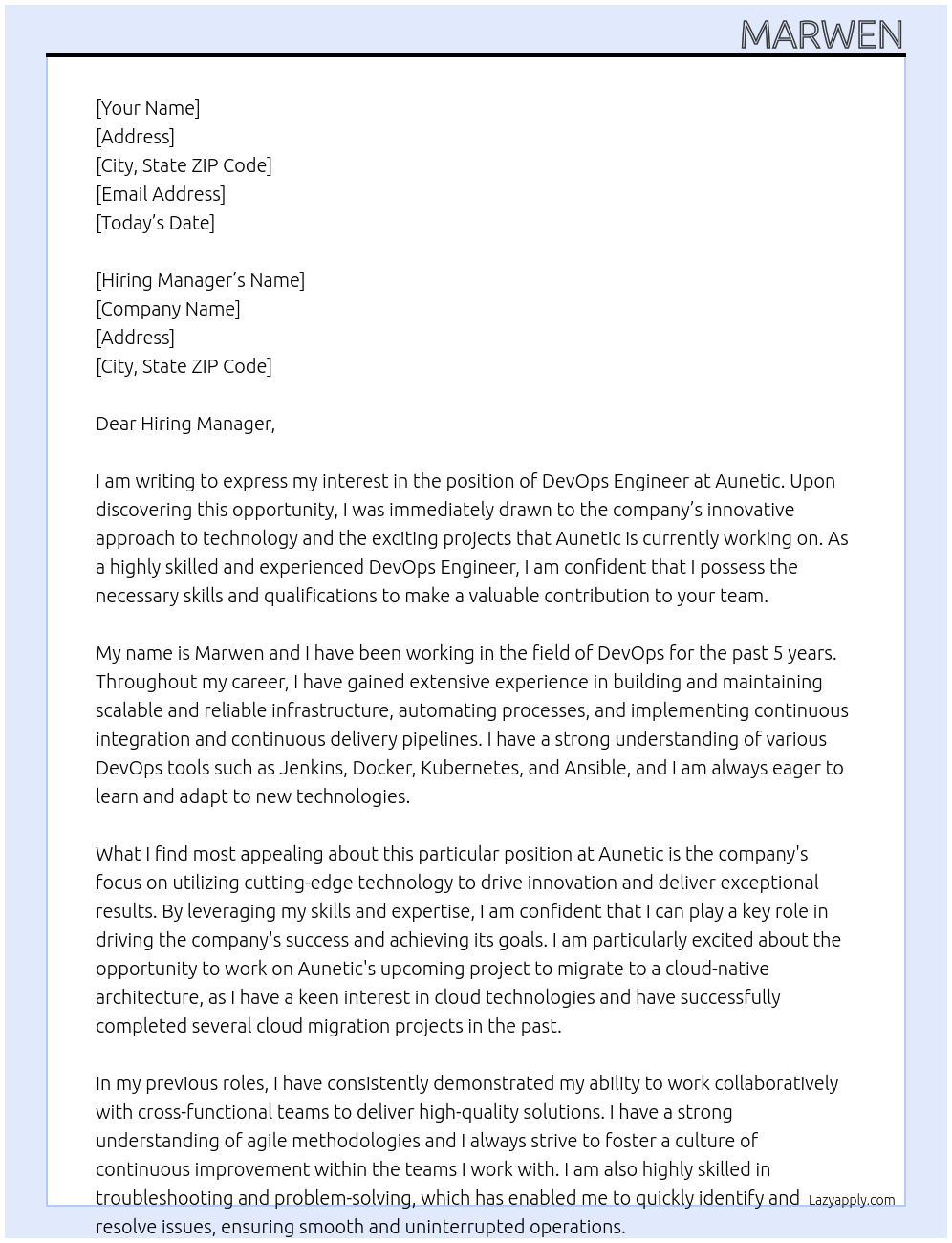 devops engineer At aunetic Cover Letter