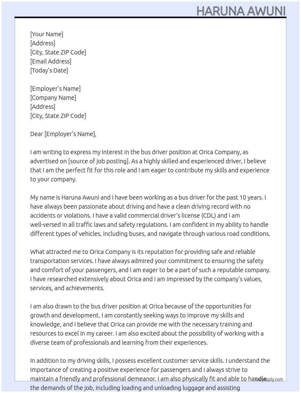 bus driver At orica company Cover Letter