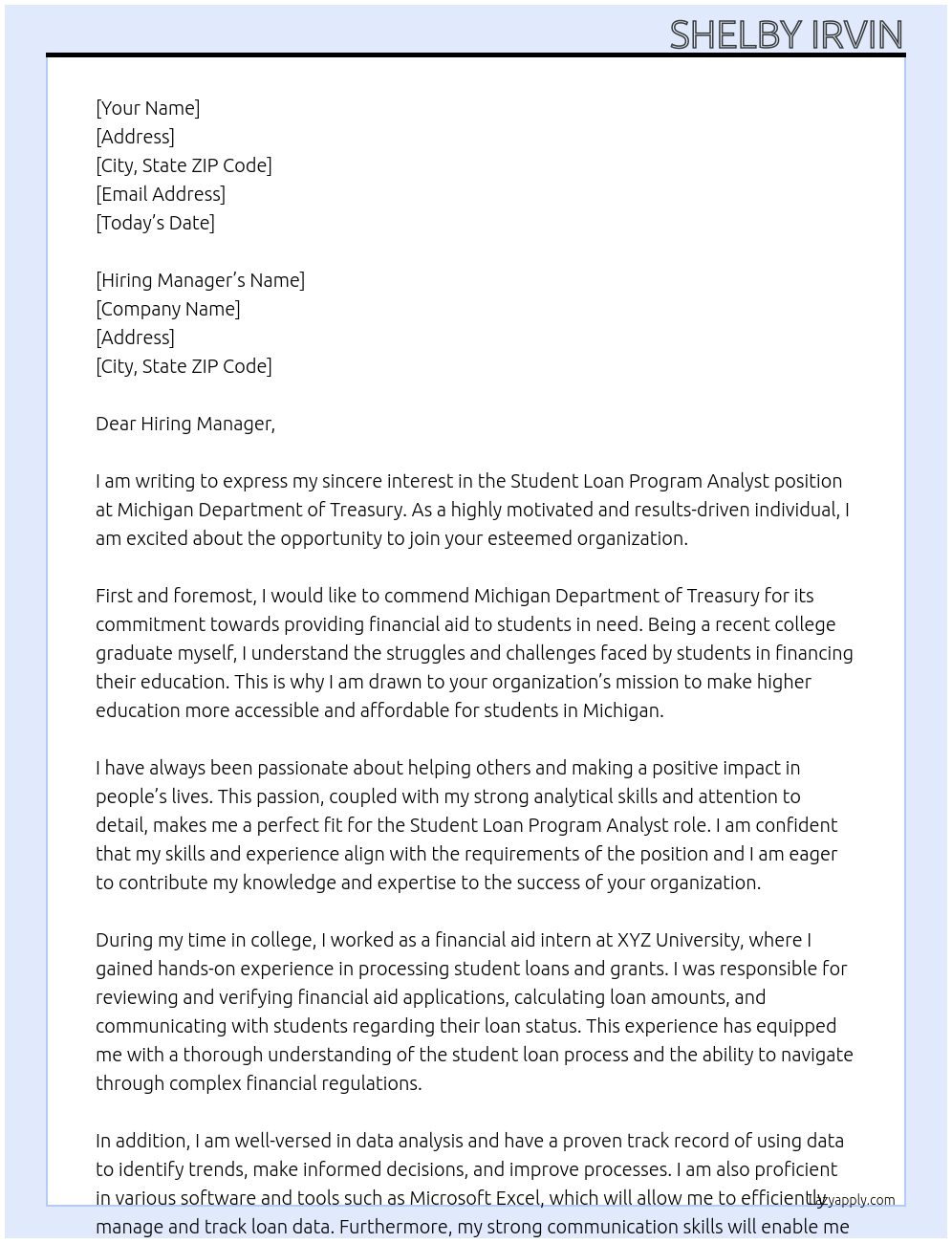 Cover letter for student loan program analyst - LazyApply