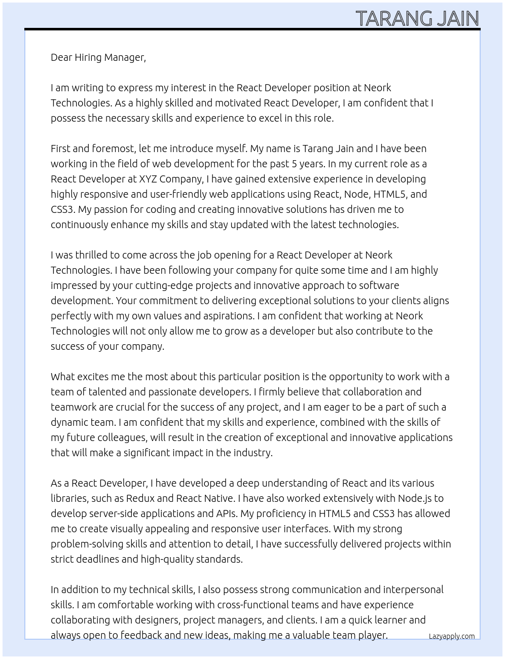React developer At Neork Technologies Cover Letter