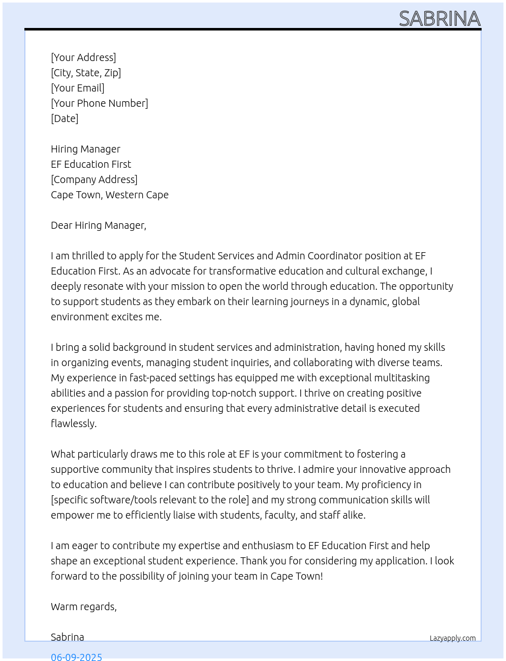 Cover letter for student services and admin coordinator - LazyApply