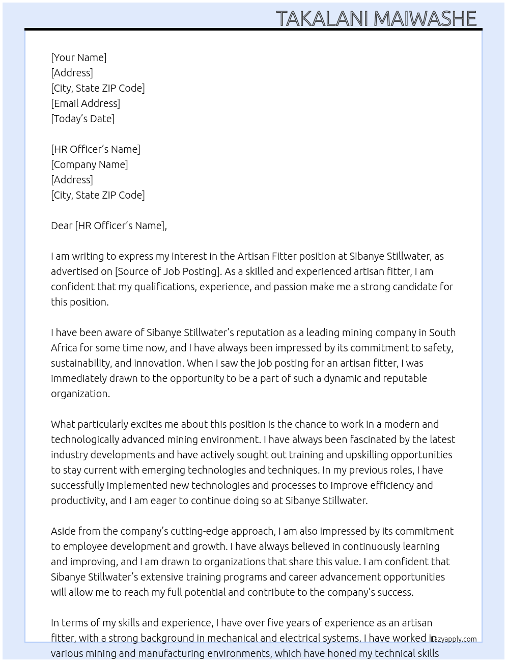 Artisan fitter At Sibanye stillwater Cover Letter
