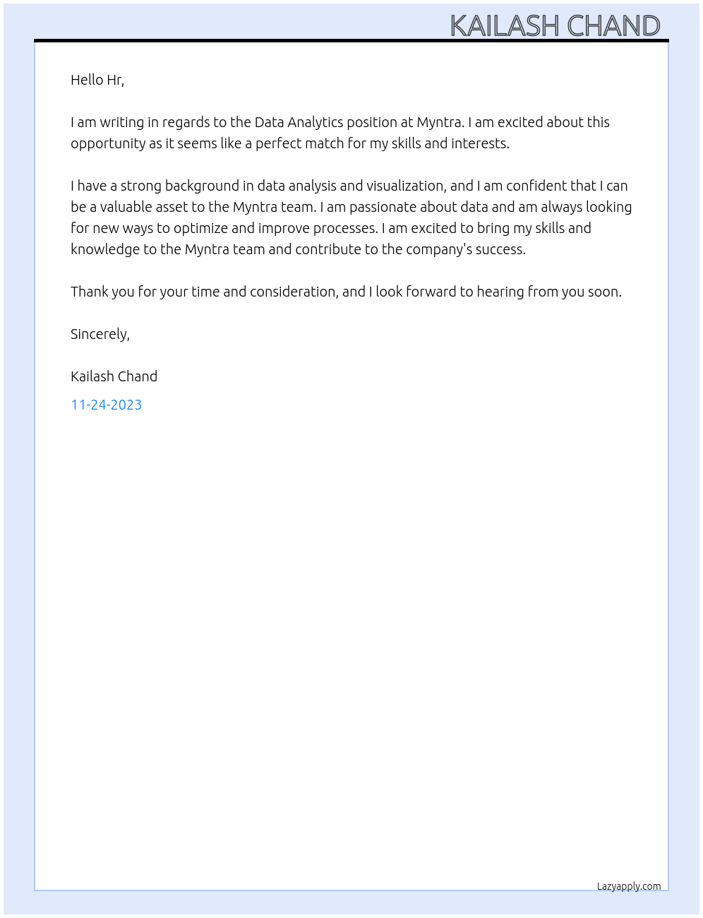 Data analytics  At Myntra Cover Letter